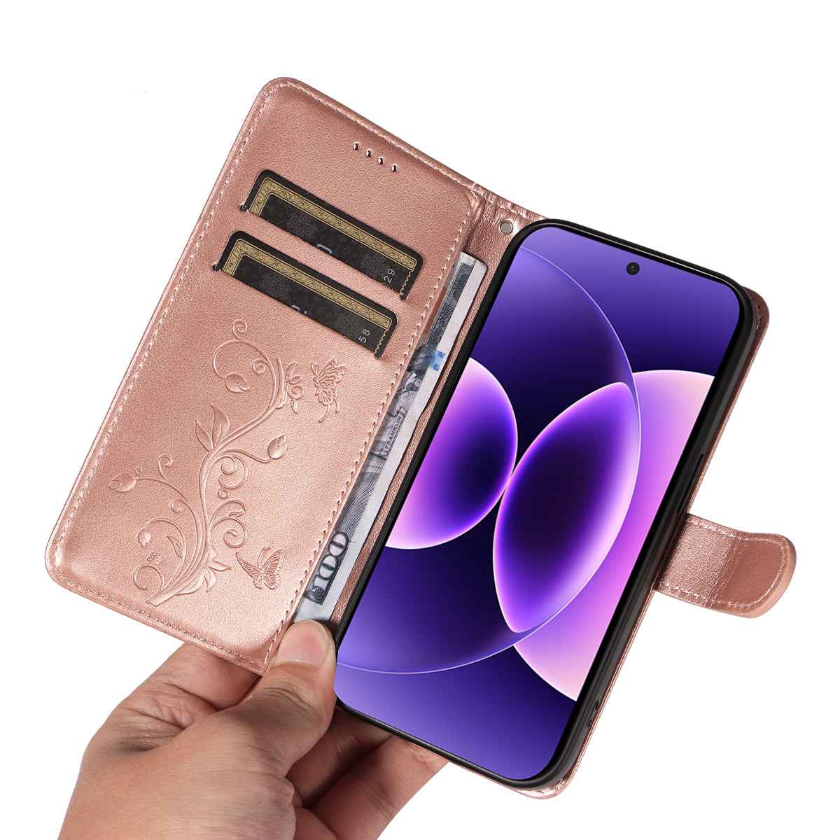 For Xiaomi 17 Pro PU Leather Cases Flower Pattern Wallet Stand Phone Cover with Strap - Rose Gold