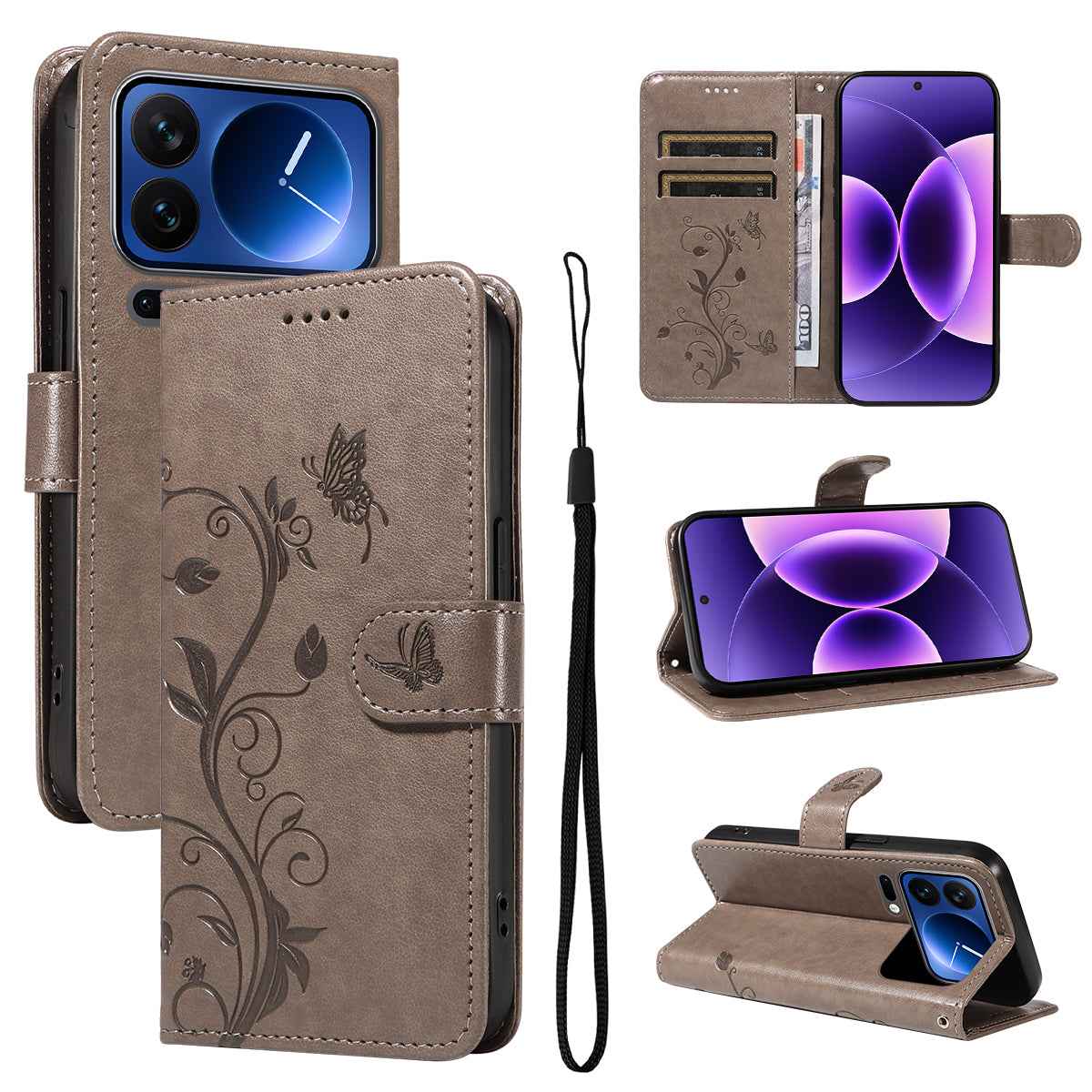 For Xiaomi 17 Pro PU Leather Cases Flower Pattern Wallet Stand Phone Cover with Strap - Grey