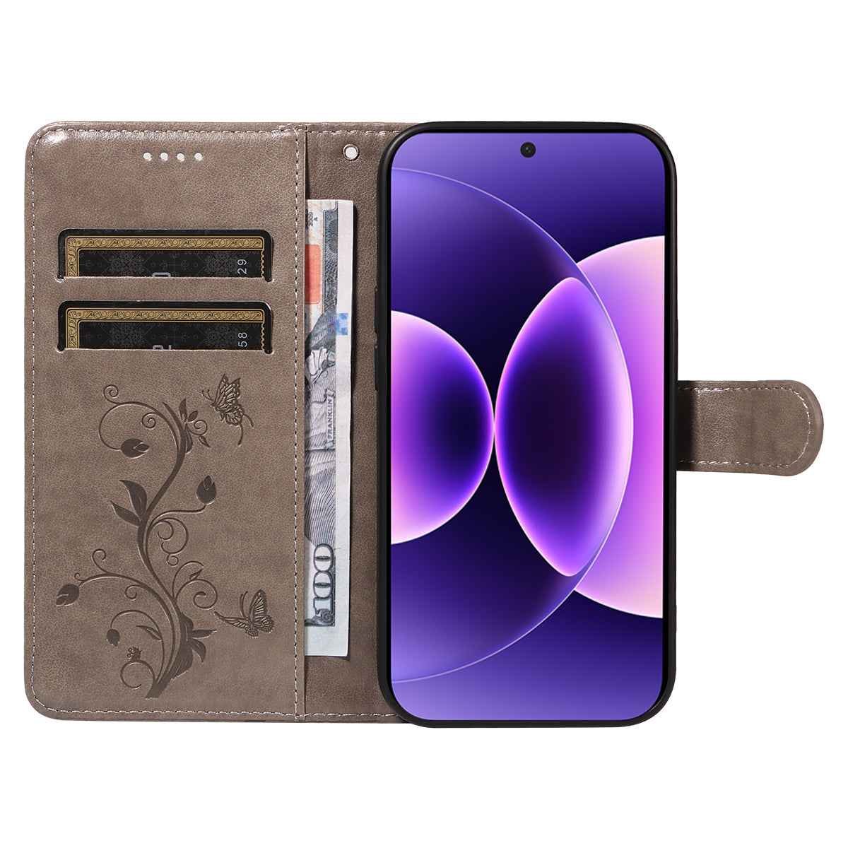 For Xiaomi 17 Pro PU Leather Cases Flower Pattern Wallet Stand Phone Cover with Strap - Grey
