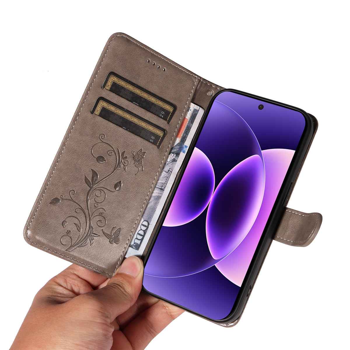 For Xiaomi 17 Pro PU Leather Cases Flower Pattern Wallet Stand Phone Cover with Strap - Grey