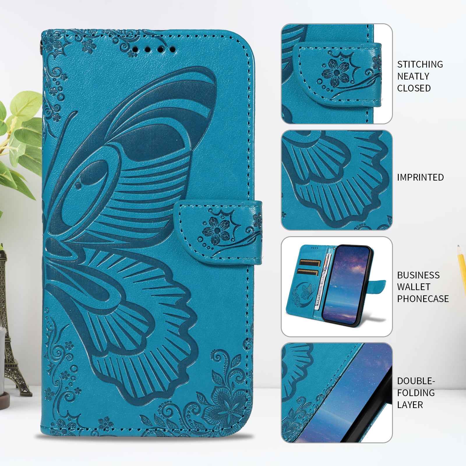 For Xiaomi 17 Pro Case Butterfly Pattern PU Leather Folio Flip Phone Cover -  Blue