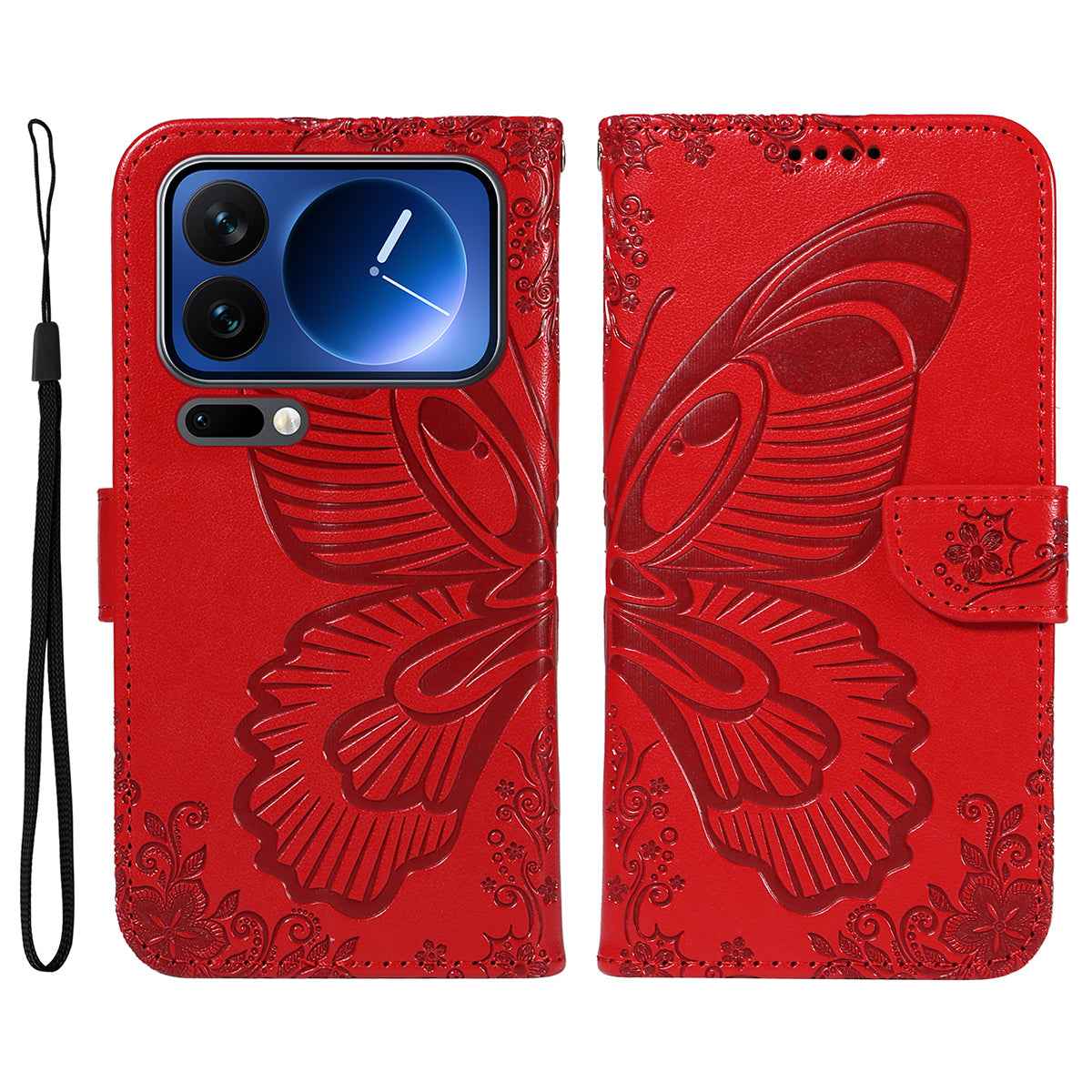 For Xiaomi 17 Pro Case Butterfly Pattern PU Leather Folio Flip Phone Cover -  Red