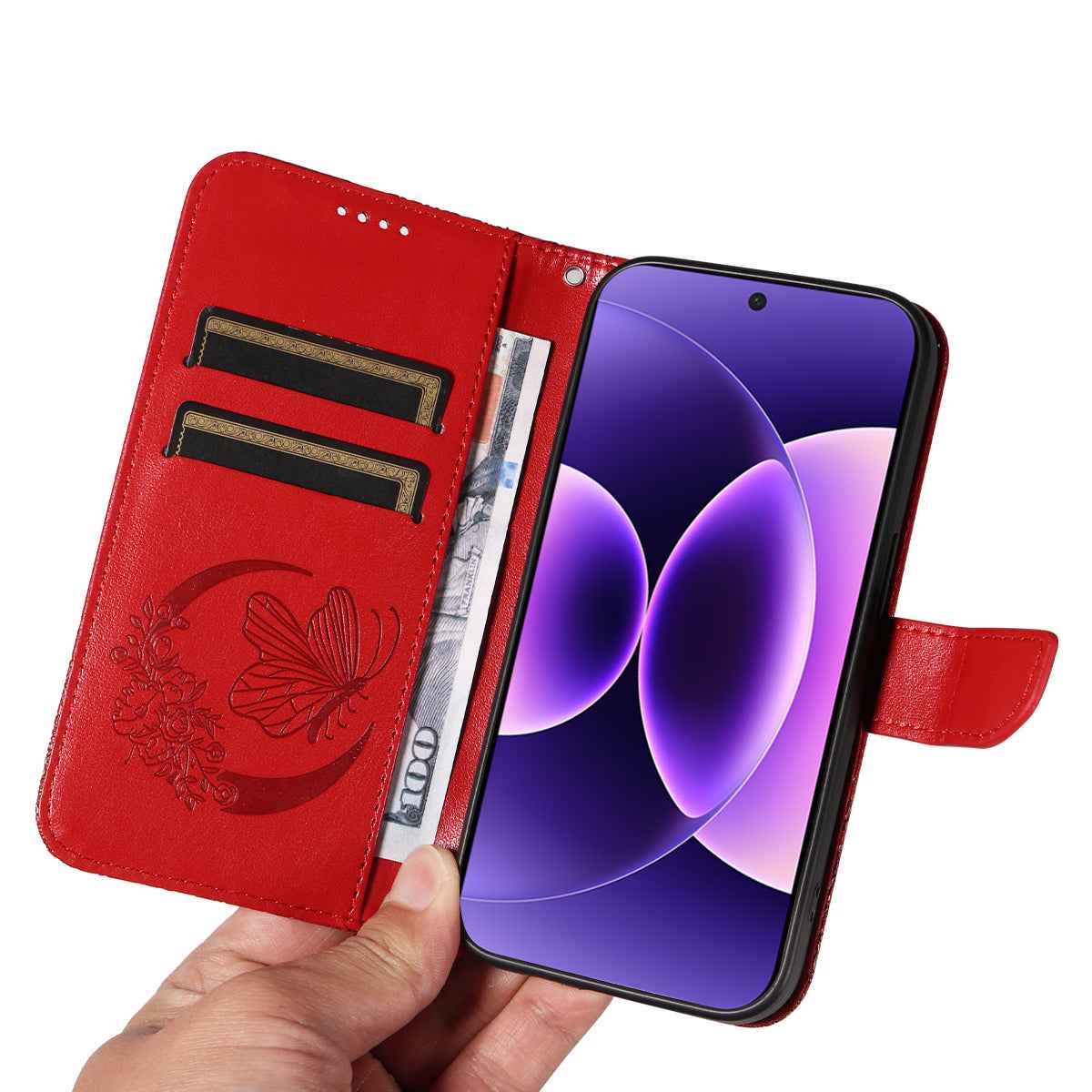 For Xiaomi 17 Pro Case Butterfly Pattern PU Leather Folio Flip Phone Cover -  Red