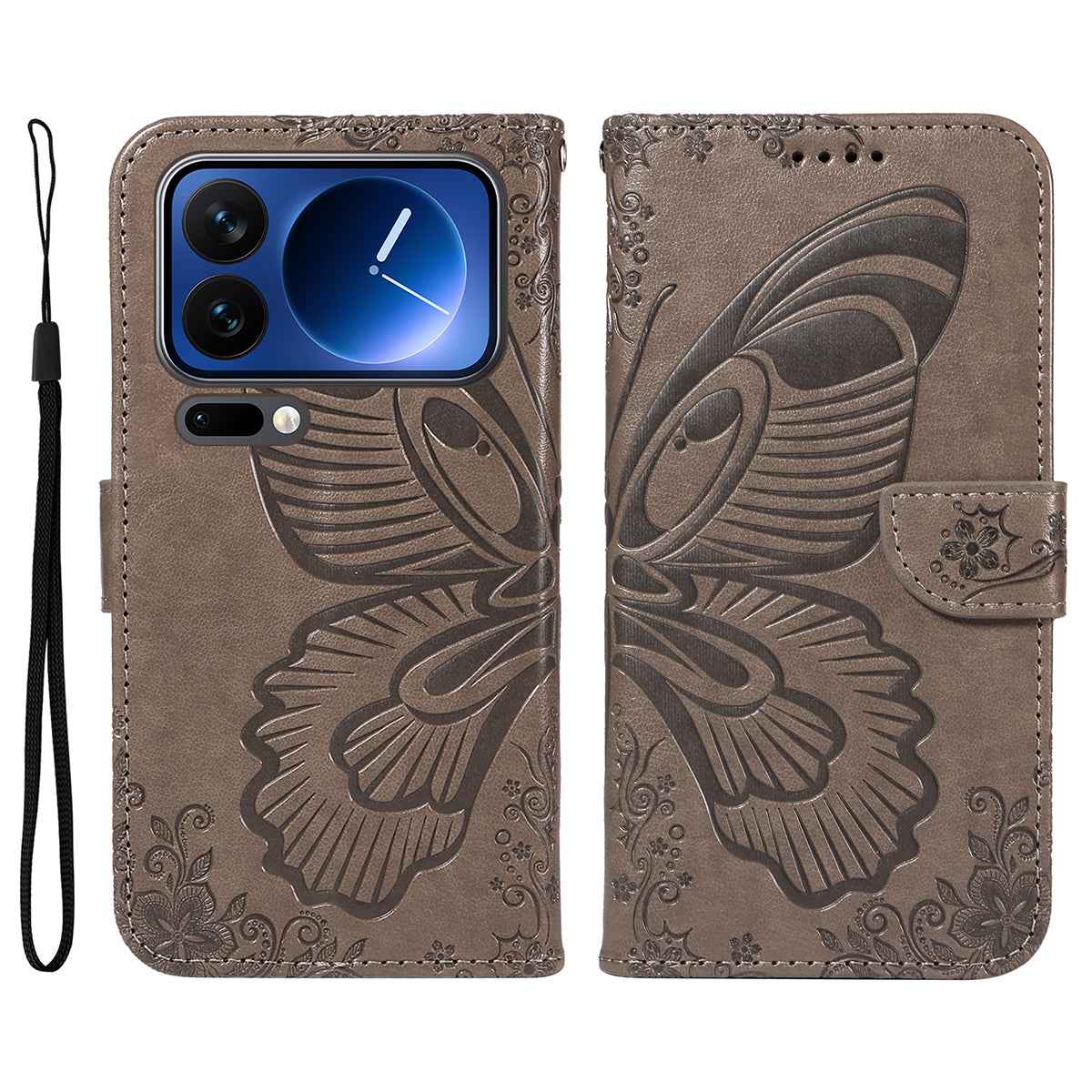 For Xiaomi 17 Pro Case Butterfly Pattern PU Leather Folio Flip Phone Cover - Grey