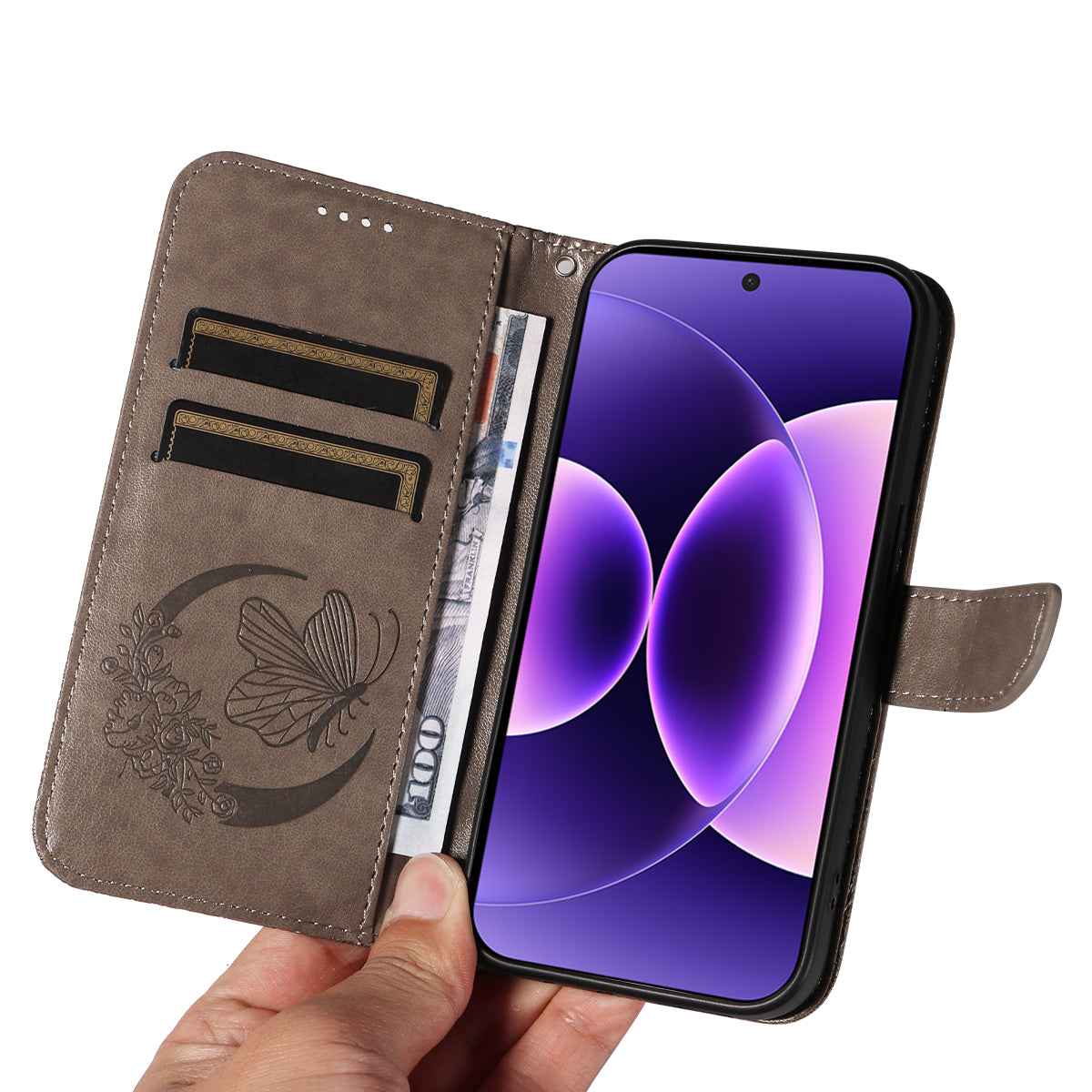 For Xiaomi 17 Pro Case Butterfly Pattern PU Leather Folio Flip Phone Cover - Grey