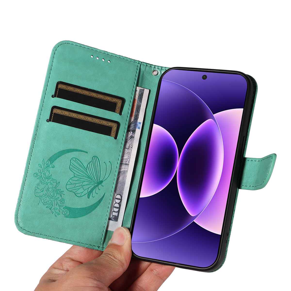 For Xiaomi 17 Pro Case Butterfly Pattern PU Leather Folio Flip Phone Cover -  Green
