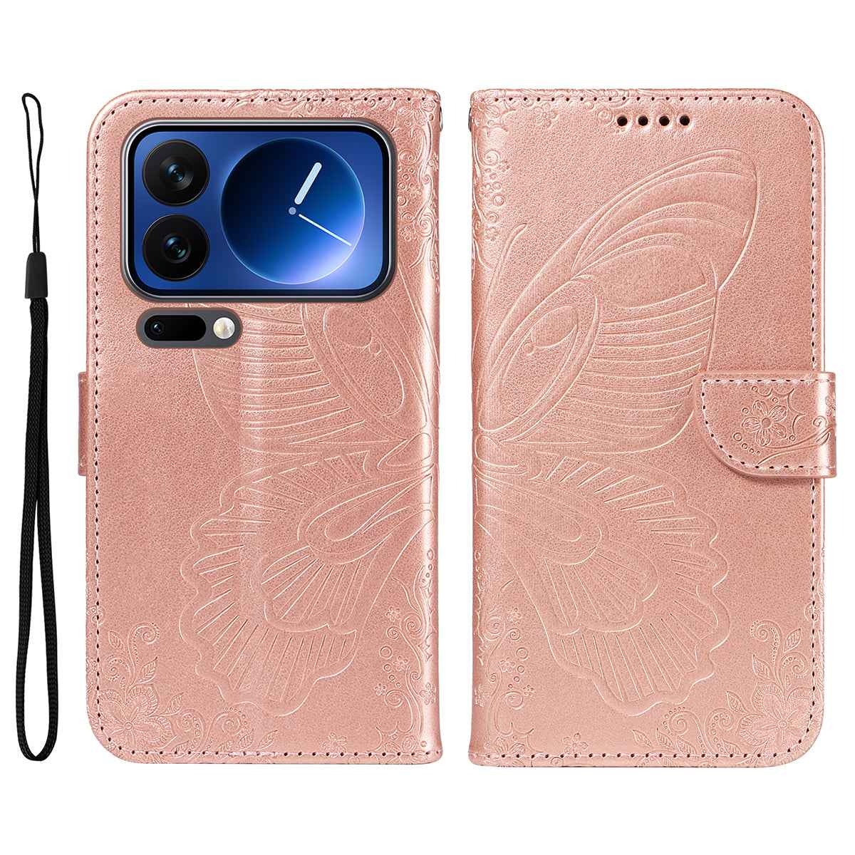 For Xiaomi 17 Pro Case Butterfly Pattern PU Leather Folio Flip Phone Cover -  Rose Gold
