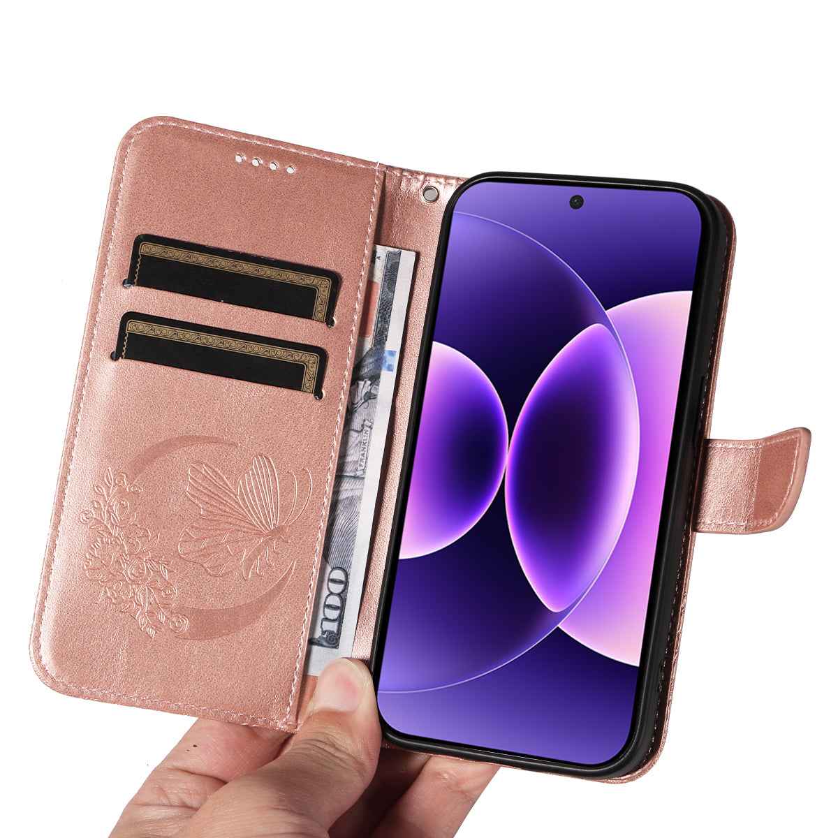 For Xiaomi 17 Pro Case Butterfly Pattern PU Leather Folio Flip Phone Cover -  Rose Gold