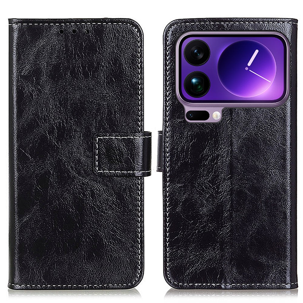 For Xiaomi 17 Pro Max Case Wallet Leather Phone Cover Crazy Horse Texture - Black