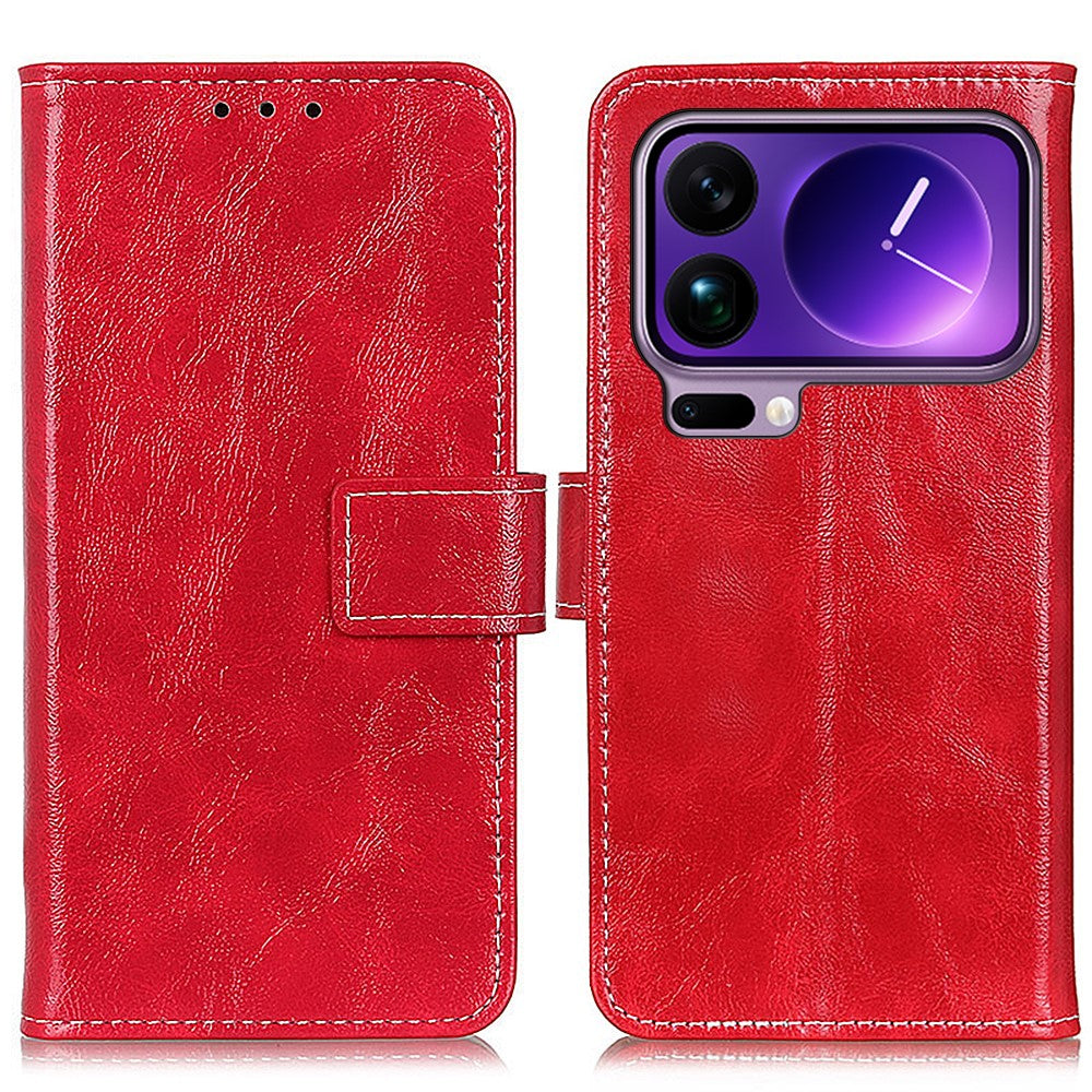 For Xiaomi 17 Pro Max Case Wallet Leather Phone Cover Crazy Horse Texture - Red