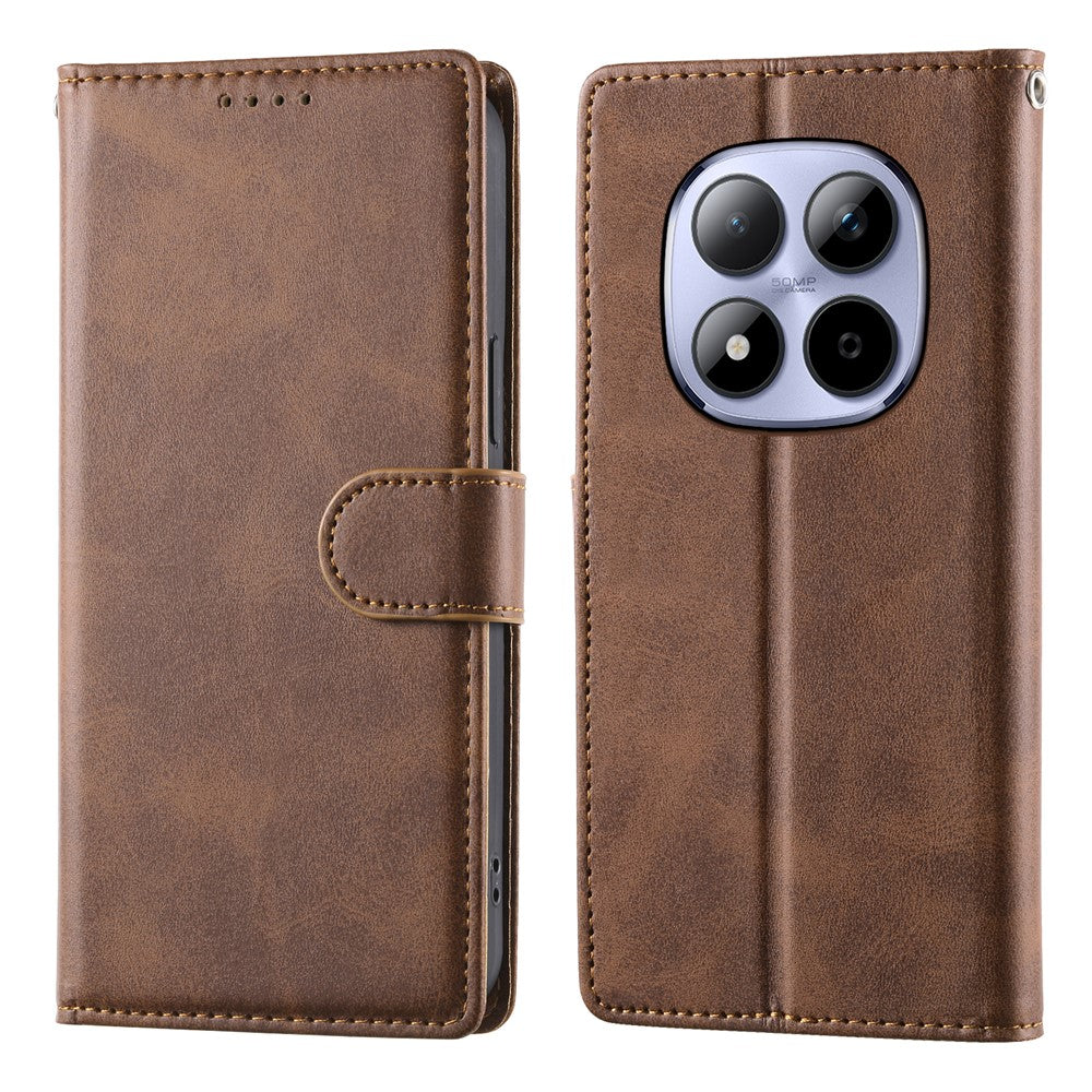 For Xiaomi Redmi Note 15 Pro 5G (Global) Case Stand Wallet Calf Texture PU Leather Flip Phone Cover with Wrist Strap - Brown