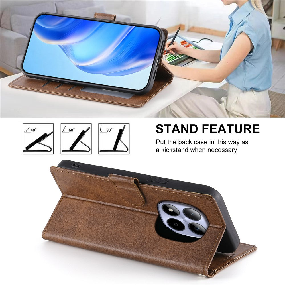 For Xiaomi Redmi Note 15 Pro 5G (Global) Case Stand Wallet Calf Texture PU Leather Flip Phone Cover with Wrist Strap - Brown