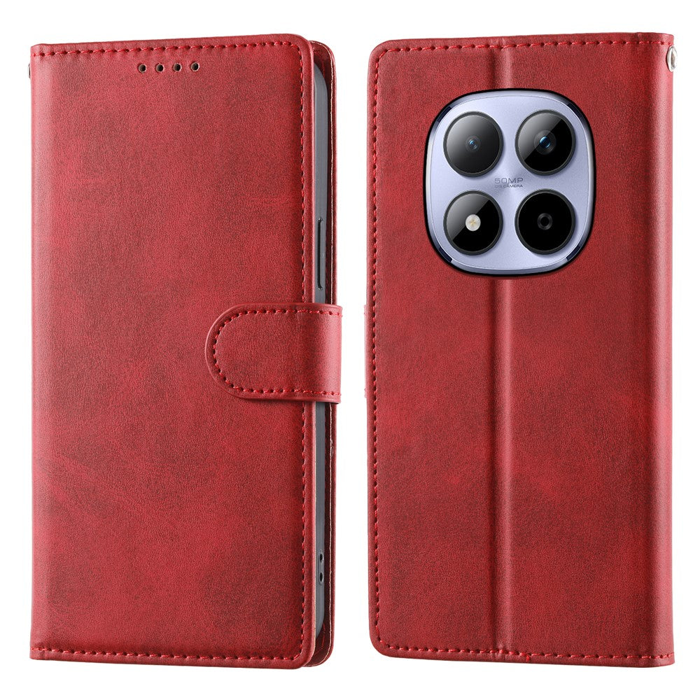 For Xiaomi Redmi Note 15 Pro 5G (Global) Case Stand Wallet Calf Texture PU Leather Flip Phone Cover with Wrist Strap - Red