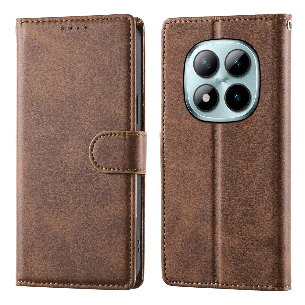 For Xiaomi Poco M8 Pro 5G / Redmi Note 15 Pro+ 5G (Global) Case Stand Wallet Calf Texture PU Leather Flip Phone Cover with Wrist Strap - Brown