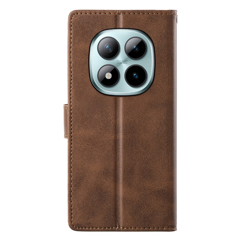 For Xiaomi Poco M8 Pro 5G / Redmi Note 15 Pro+ 5G (Global) Case Stand Wallet Calf Texture PU Leather Flip Phone Cover with Wrist Strap - Brown