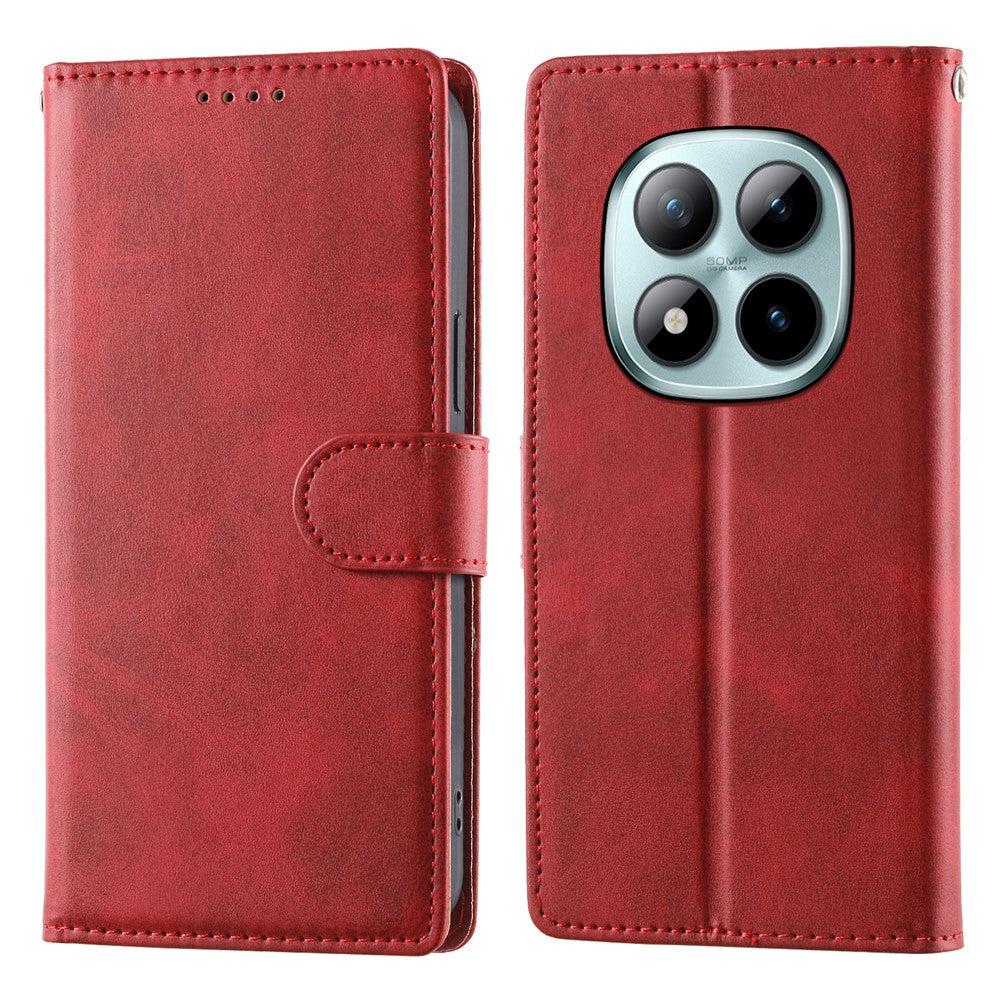 For Xiaomi Poco M8 Pro 5G / Redmi Note 15 Pro+ 5G (Global) Case Stand Wallet Calf Texture PU Leather Flip Phone Cover with Wrist Strap - Red