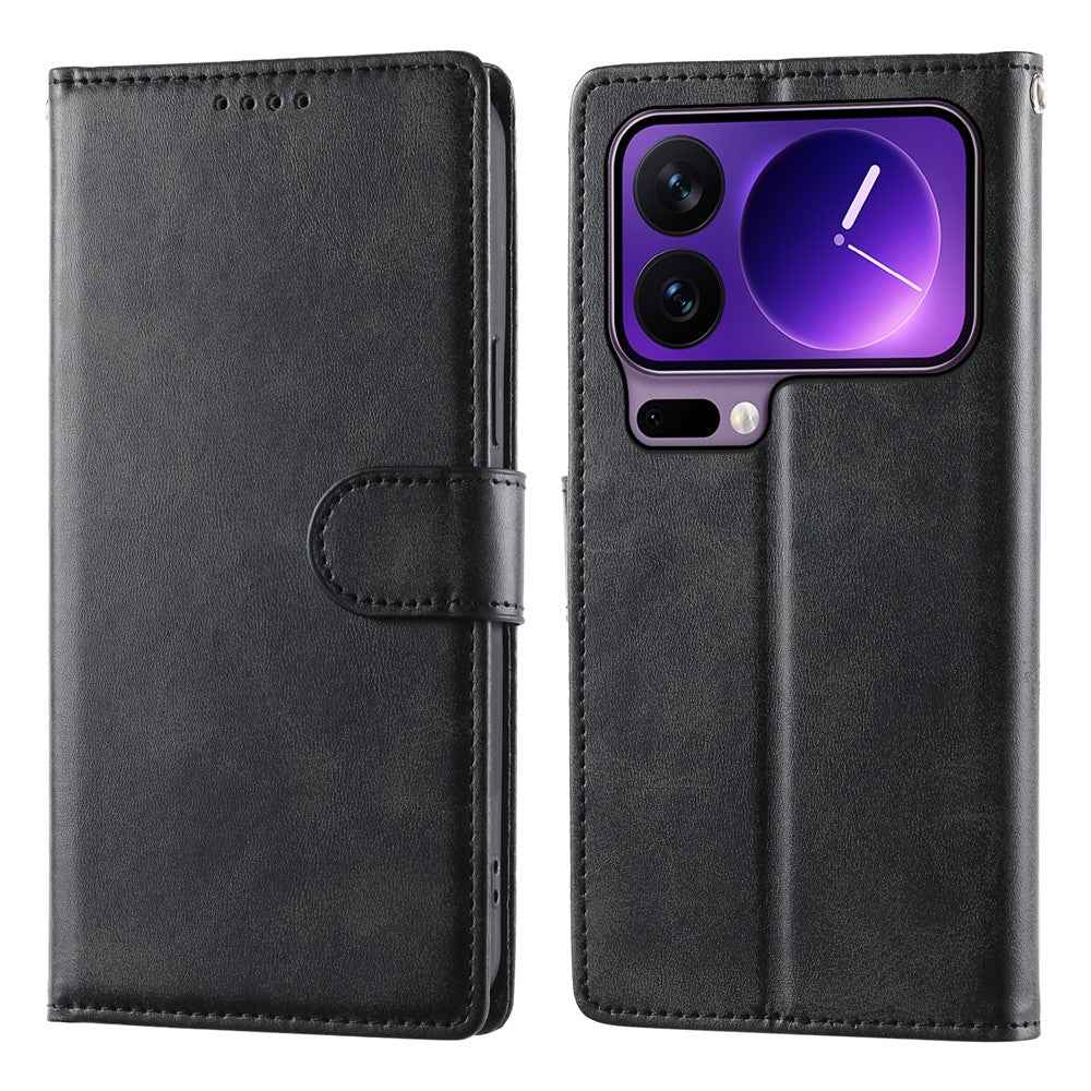 For Xiaomi 17 Pro Case Stand Wallet Calf Texture PU Leather Flip Phone Cover with Wrist Strap - Black