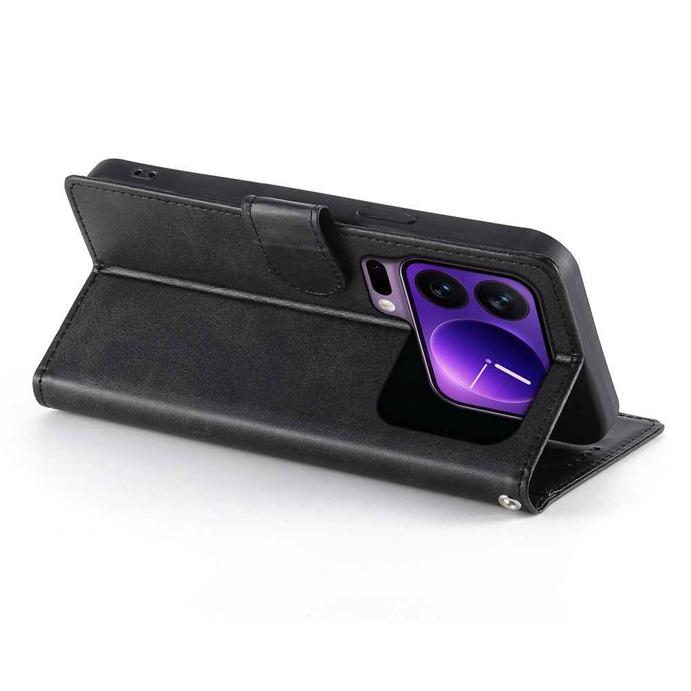 For Xiaomi 17 Pro Case Stand Wallet Calf Texture PU Leather Flip Phone Cover with Wrist Strap - Black