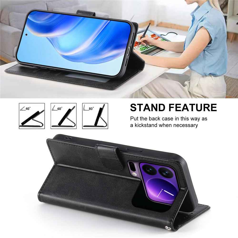 For Xiaomi 17 Pro Case Stand Wallet Calf Texture PU Leather Flip Phone Cover with Wrist Strap - Black