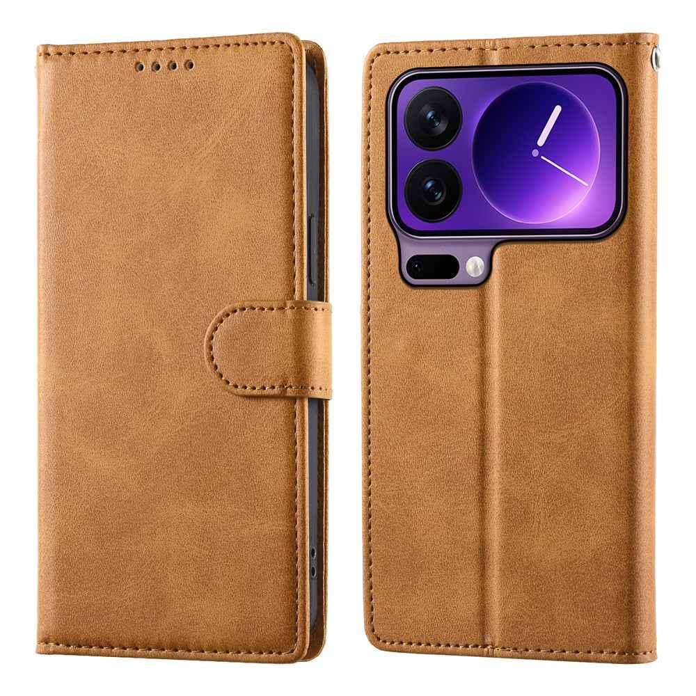 For Xiaomi 17 Pro Case Stand Wallet Calf Texture PU Leather Flip Phone Cover with Wrist Strap - Yellow