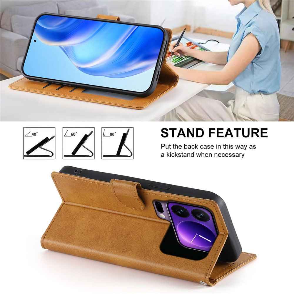 For Xiaomi 17 Pro Case Stand Wallet Calf Texture PU Leather Flip Phone Cover with Wrist Strap - Yellow