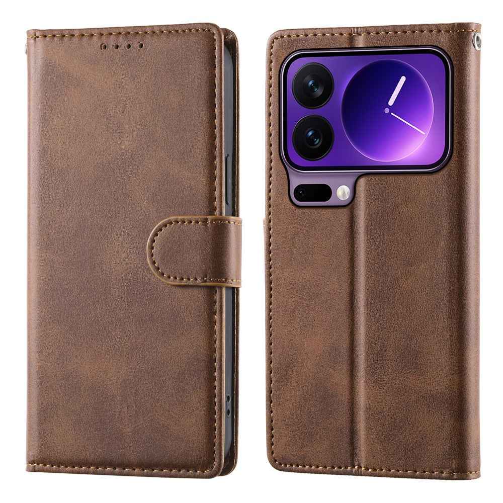 For Xiaomi 17 Pro Case Stand Wallet Calf Texture PU Leather Flip Phone Cover with Wrist Strap - Brown