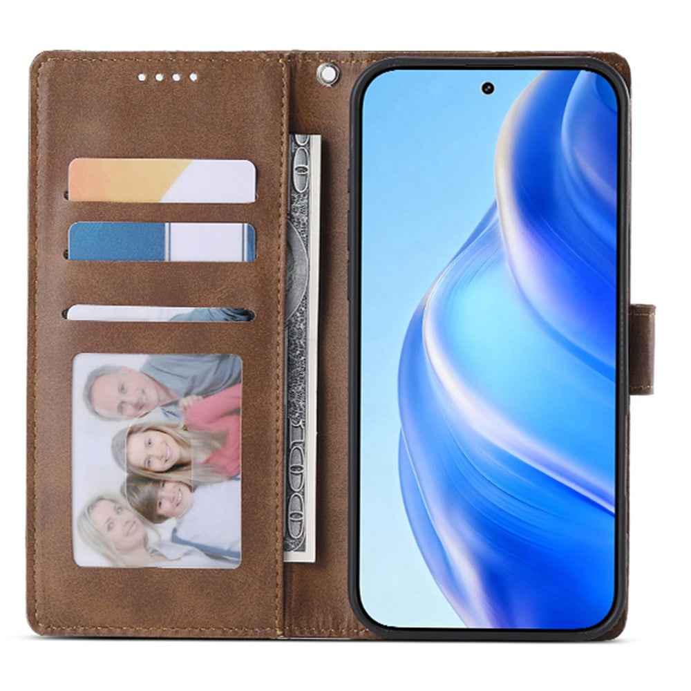 For Xiaomi 17 Pro Case Stand Wallet Calf Texture PU Leather Flip Phone Cover with Wrist Strap - Brown