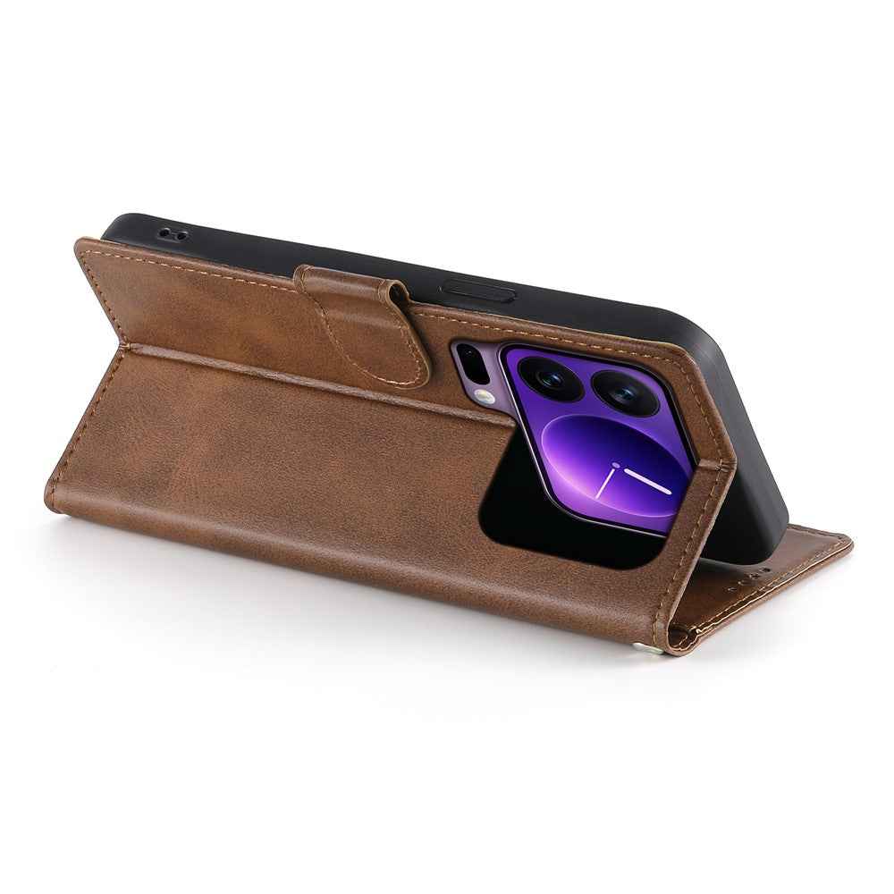 For Xiaomi 17 Pro Case Stand Wallet Calf Texture PU Leather Flip Phone Cover with Wrist Strap - Brown
