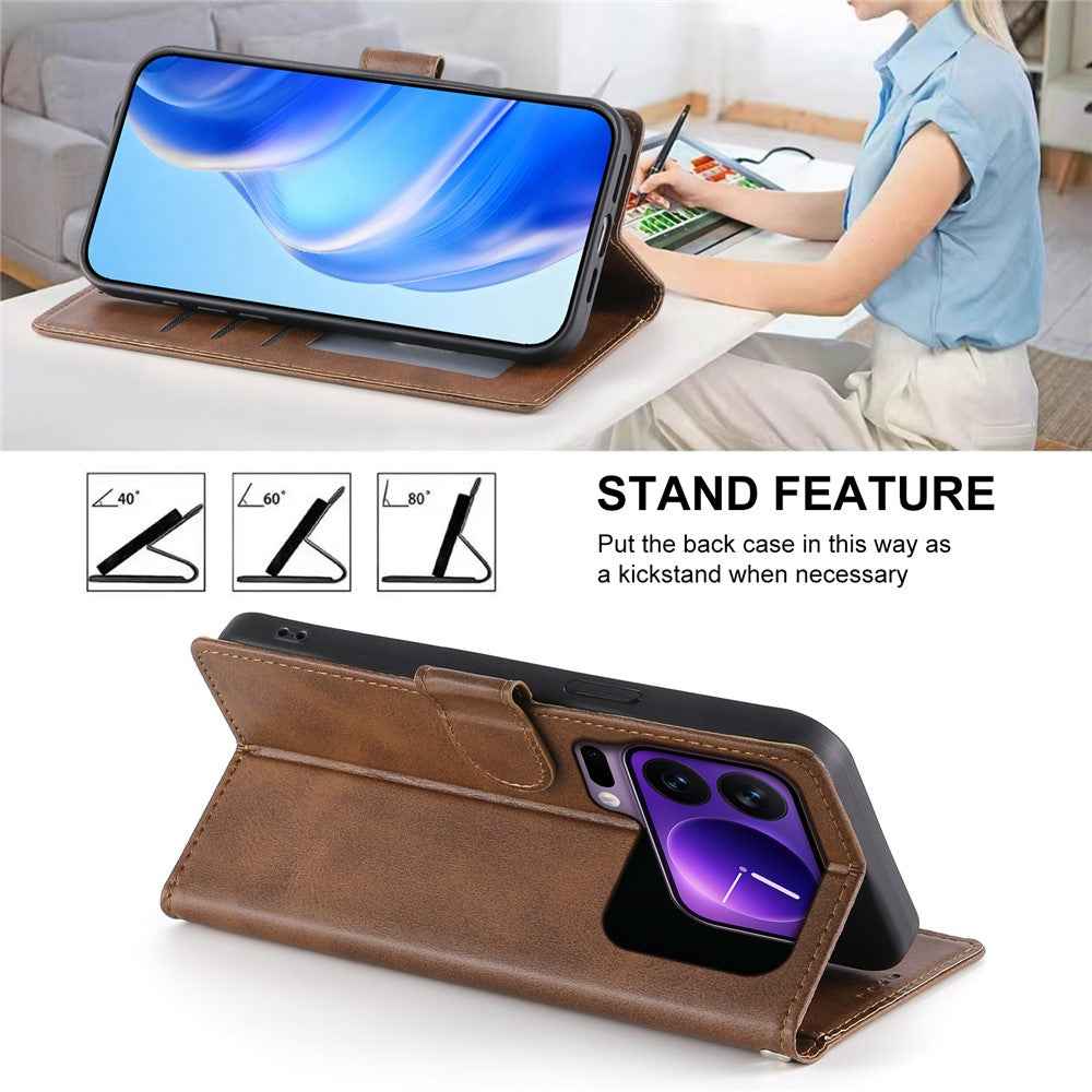 For Xiaomi 17 Pro Case Stand Wallet Calf Texture PU Leather Flip Phone Cover with Wrist Strap - Brown