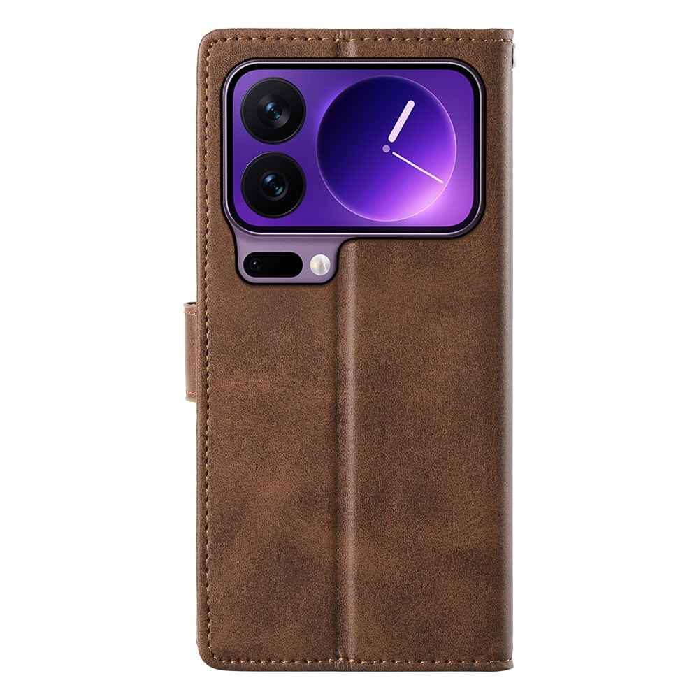 For Xiaomi 17 Pro Case Stand Wallet Calf Texture PU Leather Flip Phone Cover with Wrist Strap - Brown
