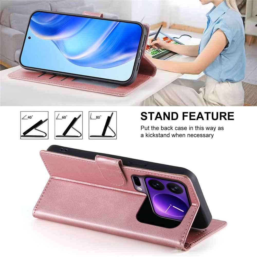 For Xiaomi 17 Pro Case Stand Wallet Calf Texture PU Leather Flip Phone Cover with Wrist Strap - Pink