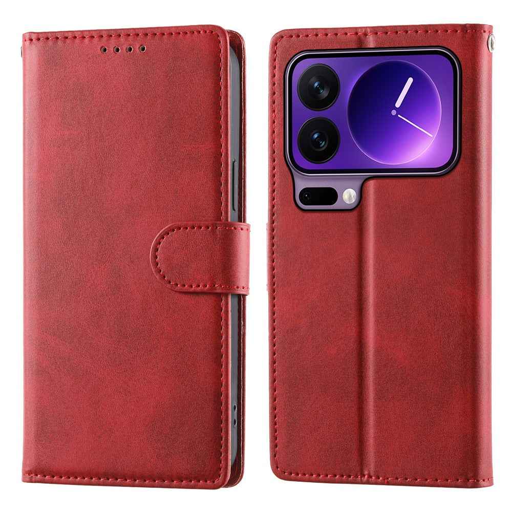 For Xiaomi 17 Pro Case Stand Wallet Calf Texture PU Leather Flip Phone Cover with Wrist Strap - Red