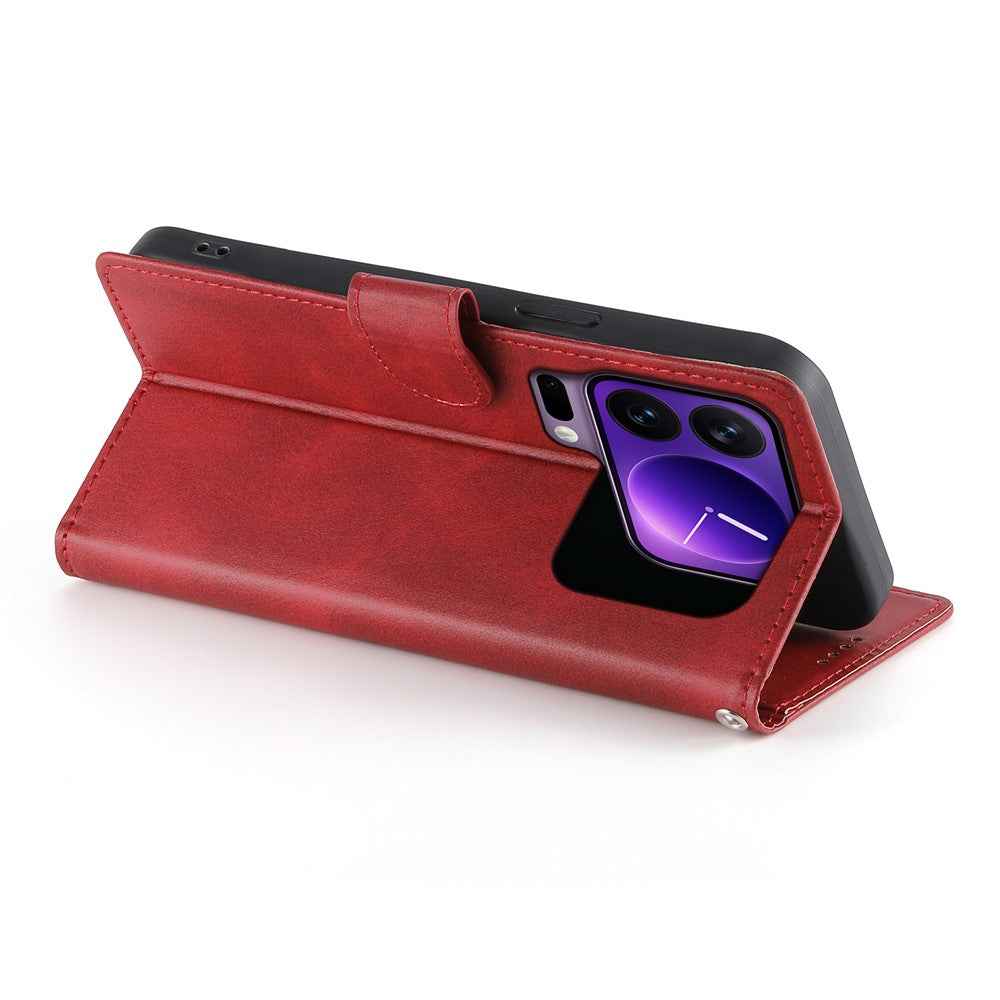 For Xiaomi 17 Pro Case Stand Wallet Calf Texture PU Leather Flip Phone Cover with Wrist Strap - Red