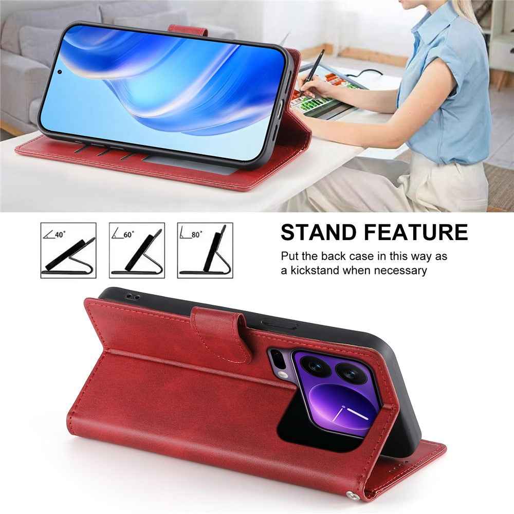For Xiaomi 17 Pro Case Stand Wallet Calf Texture PU Leather Flip Phone Cover with Wrist Strap - Red