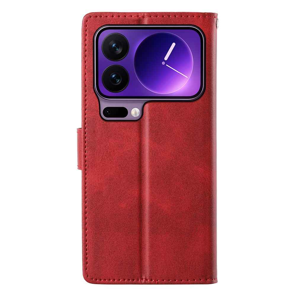 For Xiaomi 17 Pro Case Stand Wallet Calf Texture PU Leather Flip Phone Cover with Wrist Strap - Red