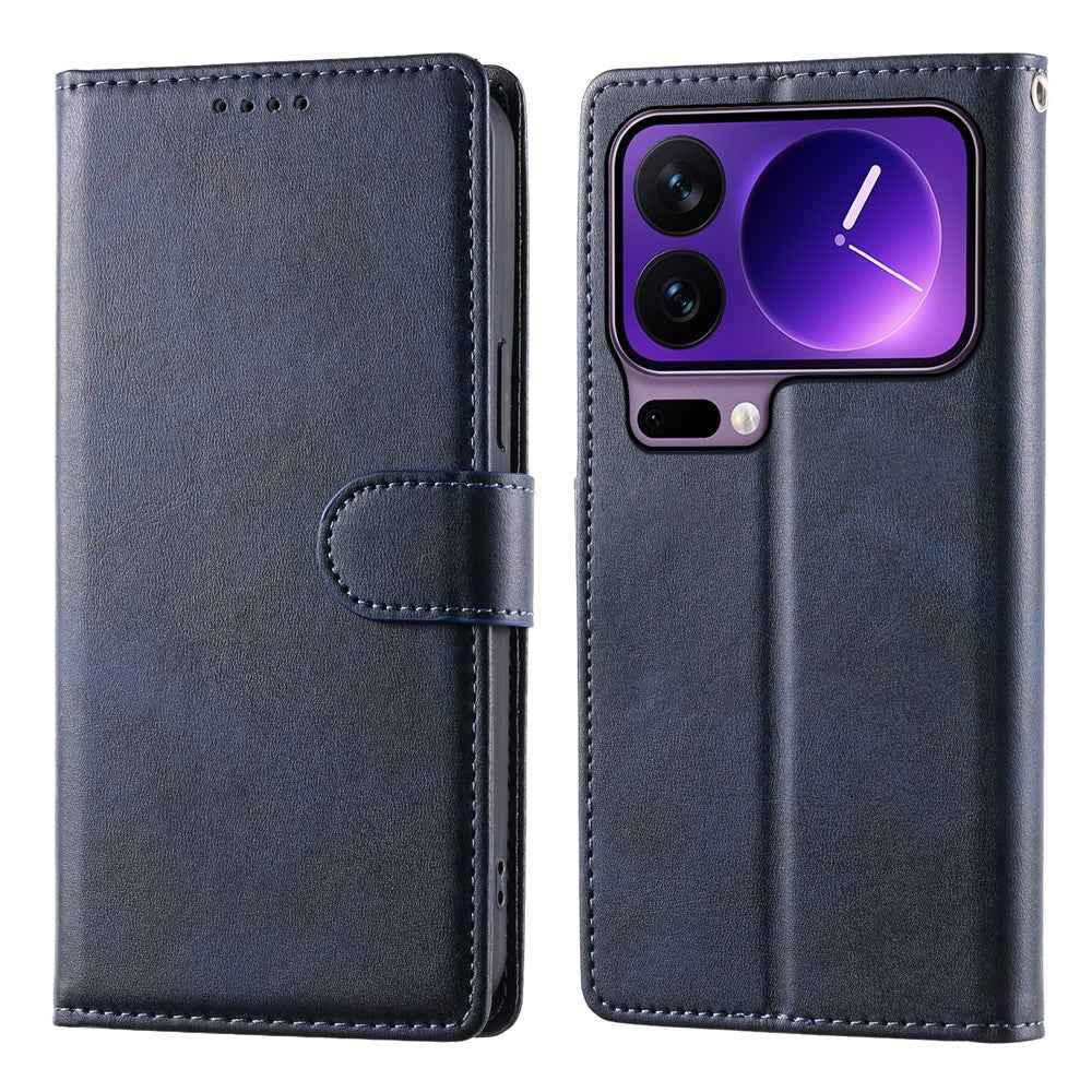 For Xiaomi 17 Pro Case Stand Wallet Calf Texture PU Leather Flip Phone Cover with Wrist Strap - Blue