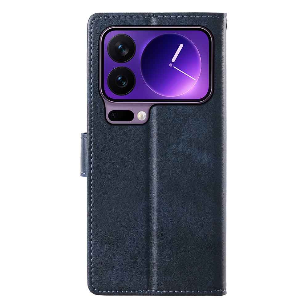 For Xiaomi 17 Pro Case Stand Wallet Calf Texture PU Leather Flip Phone Cover with Wrist Strap - Blue