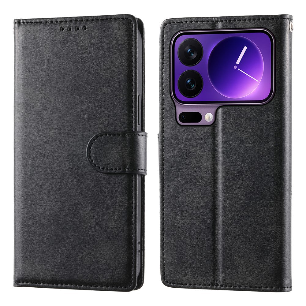 For Xiaomi 17 Pro Max Case Stand Wallet Calf Texture PU Leather Flip Phone Cover with Wrist Strap - Black