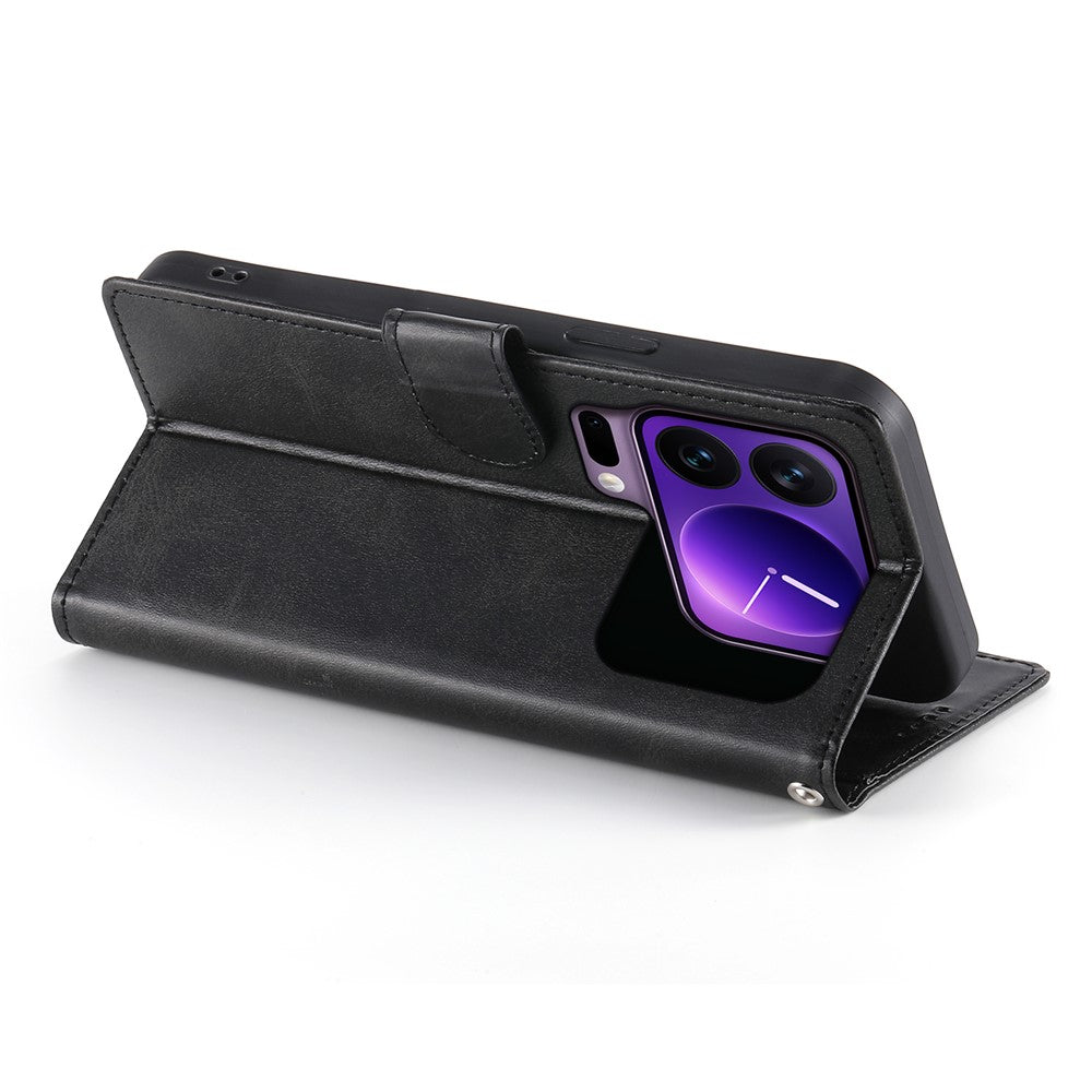 For Xiaomi 17 Pro Max Case Stand Wallet Calf Texture PU Leather Flip Phone Cover with Wrist Strap - Black