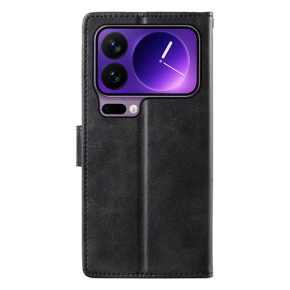 For Xiaomi 17 Pro Max Case Stand Wallet Calf Texture PU Leather Flip Phone Cover with Wrist Strap - Black