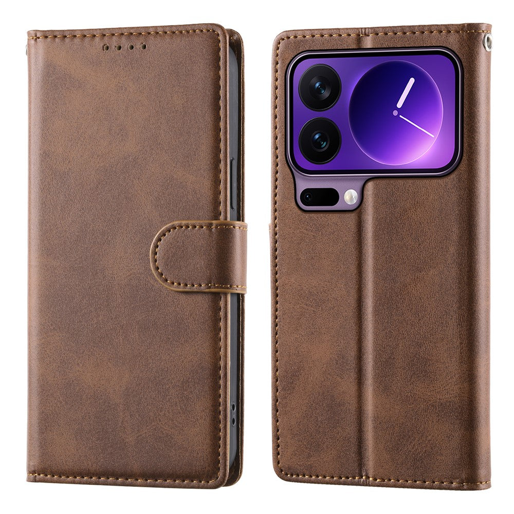 For Xiaomi 17 Pro Max Case Stand Wallet Calf Texture PU Leather Flip Phone Cover with Wrist Strap - Brown