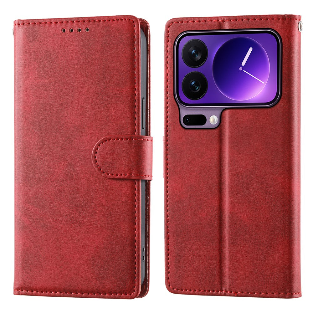 For Xiaomi 17 Pro Max Case Stand Wallet Calf Texture PU Leather Flip Phone Cover with Wrist Strap - Red