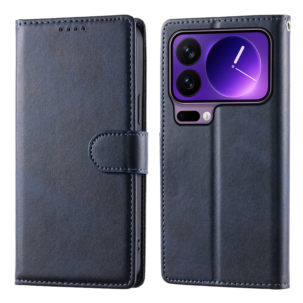 For Xiaomi 17 Pro Max Case Stand Wallet Calf Texture PU Leather Flip Phone Cover with Wrist Strap - Blue