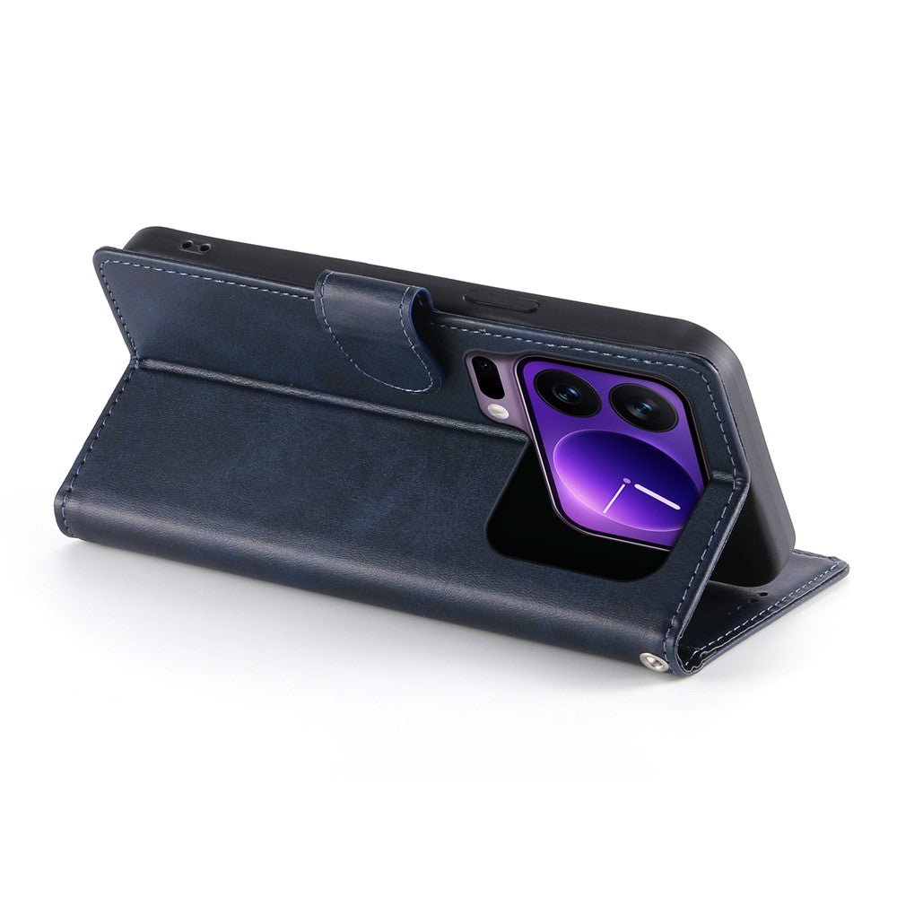 For Xiaomi 17 Pro Max Case Stand Wallet Calf Texture PU Leather Flip Phone Cover with Wrist Strap - Blue