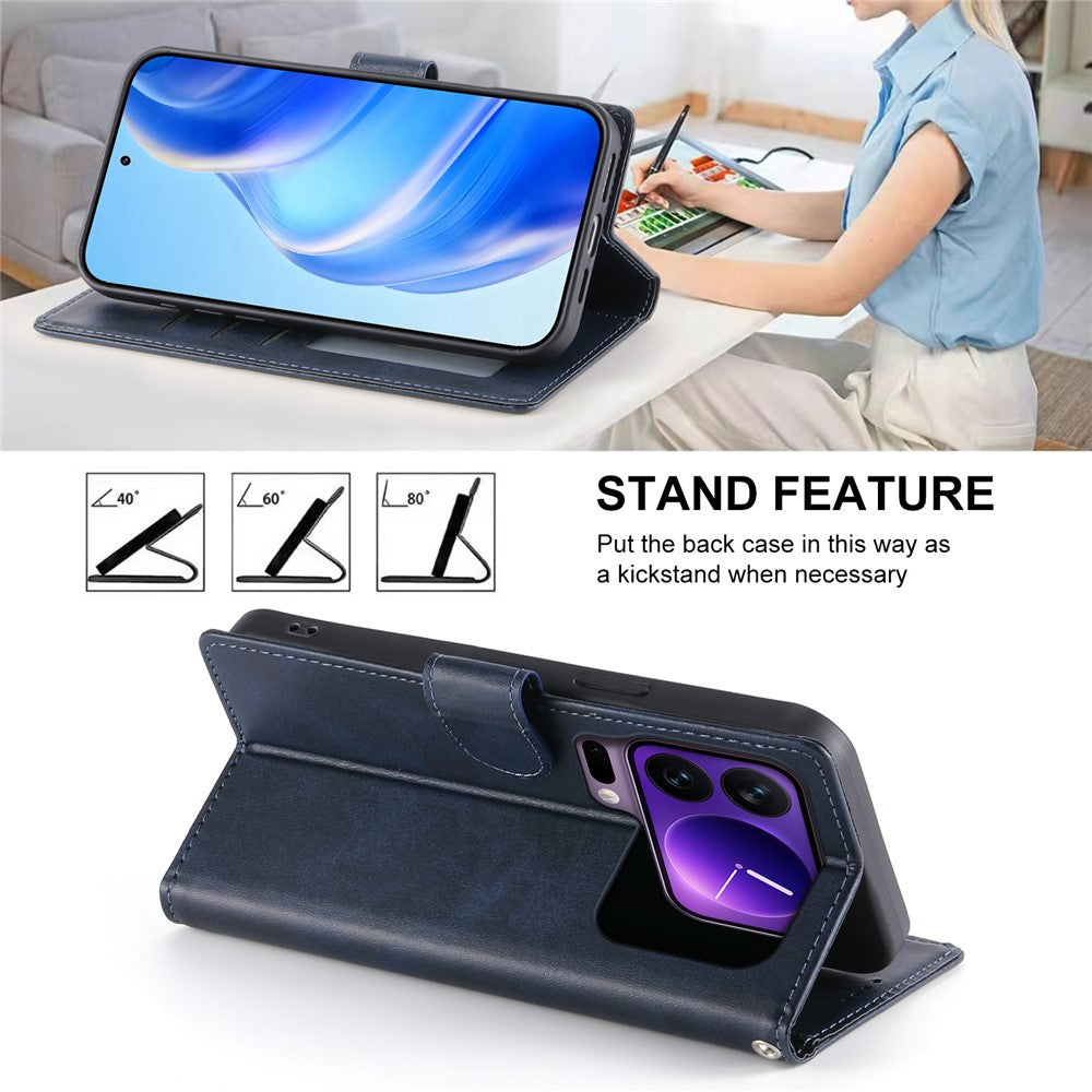 For Xiaomi 17 Pro Max Case Stand Wallet Calf Texture PU Leather Flip Phone Cover with Wrist Strap - Blue