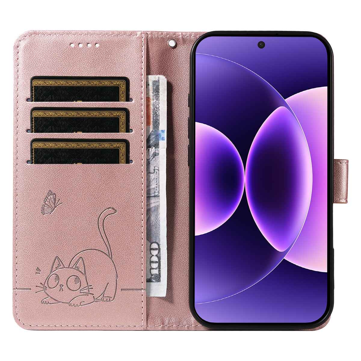 For Xiaomi 17 Pro Case Cat Pattern Imprint Leather Phone Cover with Wrist Strap - Rose Gold