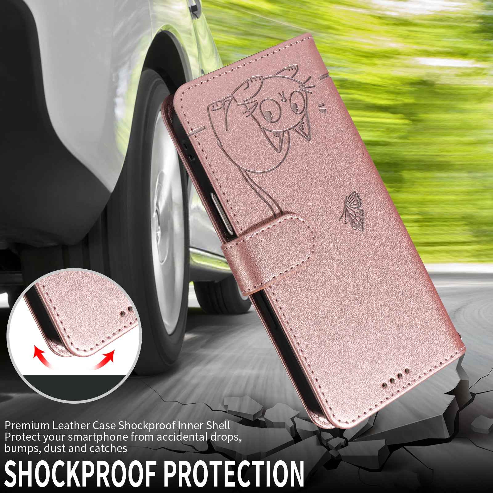 For Xiaomi 17 Pro Case Cat Pattern Imprint Leather Phone Cover with Wrist Strap - Rose Gold