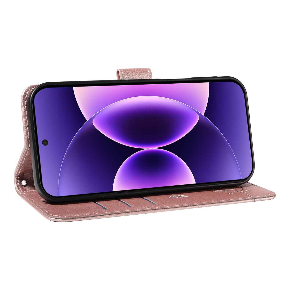 For Xiaomi 17 Pro Case Cat Pattern Imprint Leather Phone Cover with Wrist Strap - Rose Gold