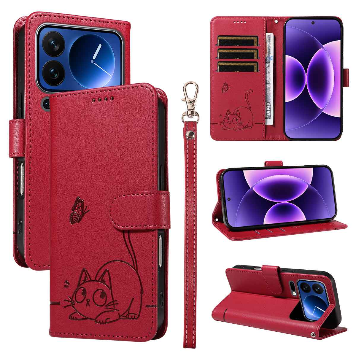 For Xiaomi 17 Pro Case Cat Pattern Imprint Leather Phone Cover with Wrist Strap - Red