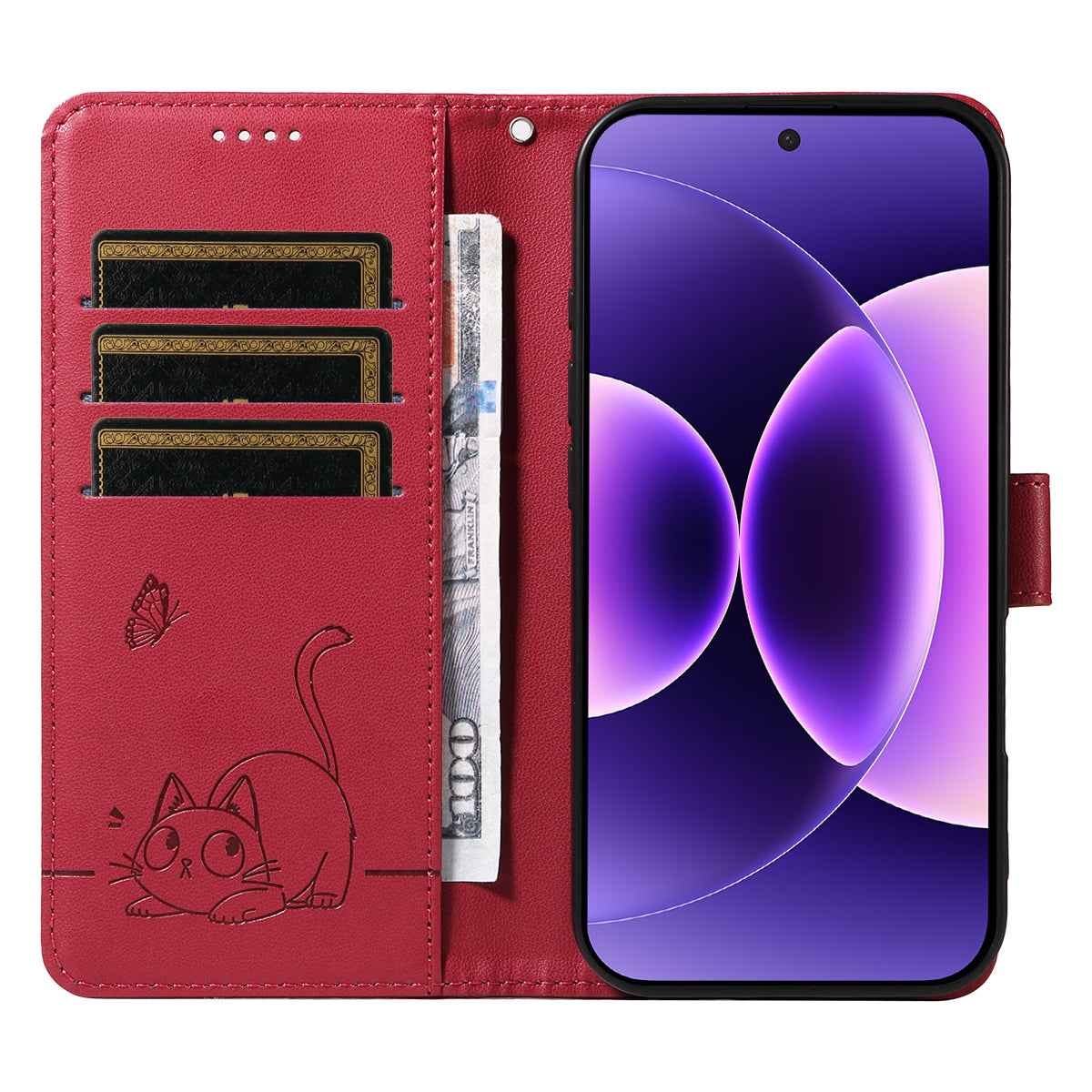 For Xiaomi 17 Pro Case Cat Pattern Imprint Leather Phone Cover with Wrist Strap - Red
